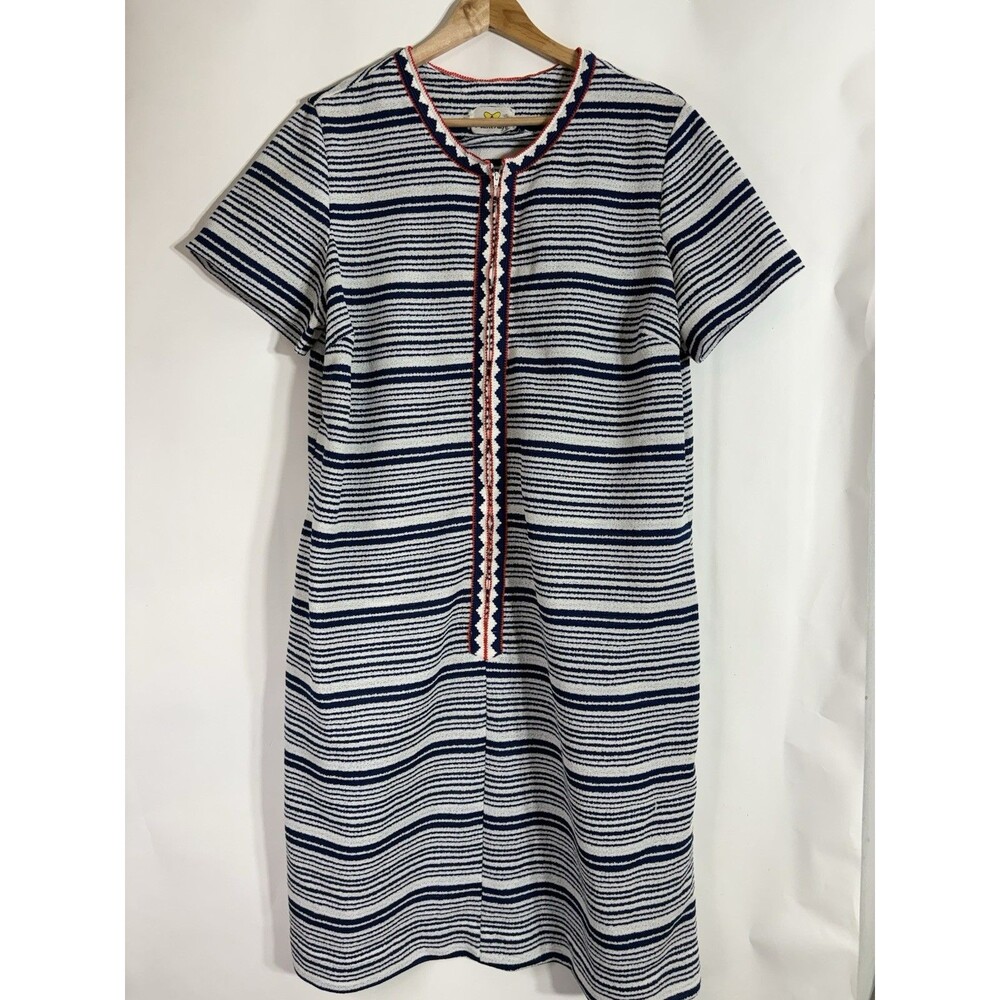 Vintage 60s 70s Flutterbye House Dress Coat Polyester Striped Red White Blue XL
